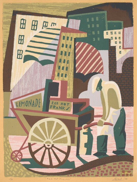 A stylized print of a weary man pushing a food cart advertising "Red hot franks" and "Lemonade" in front of a geometric cityscape.