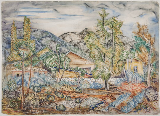 An abstract watercolor of trees and other plants in front of a rock wall that partially hides houses at the base of mountains.
