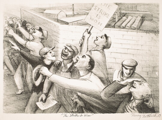 A black-and-white print of working-class men, one with a picket sign that reads "The Strike is Won," celebrating.