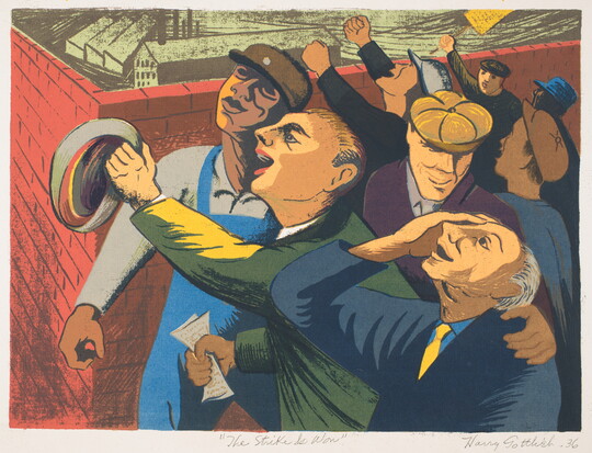 A color print of working-class men, many with their hands in the air, celebrating.