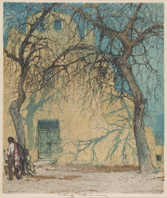 A color print of people walking beneath two leafless trees in front of an adobe church.