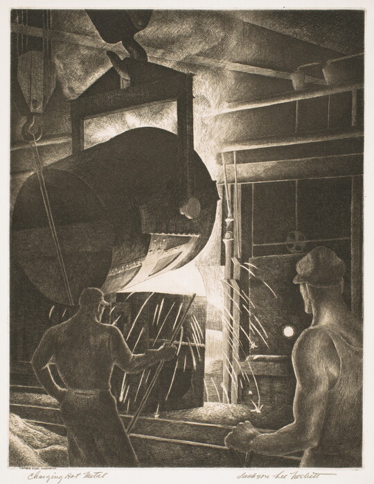 A black-and-white print of two men in a factory pouring white hot metal.