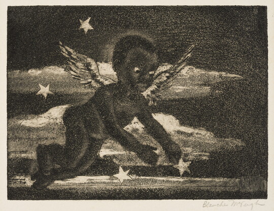 A black-and-white print of a winged Black child floating in a cloudy sky, reaching for a star. 