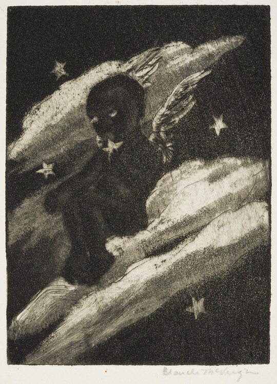A black-and-white print of a winged Black child sitting on a cloud holding a star.