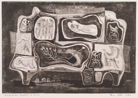 An abstract black-and-white print of an organic shape, divided into sections, each filled with other abstracted, organic forms.