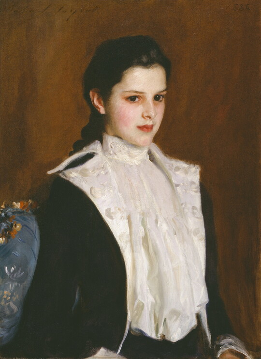 An oil painting portrait of a fair-skinned young girl wearing a fancy military-style jacket and a crisp white blouse.