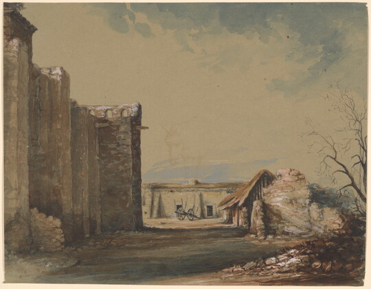 A watercolor landscape of stone ramparts looming over a small, rough dwelling and farm building.