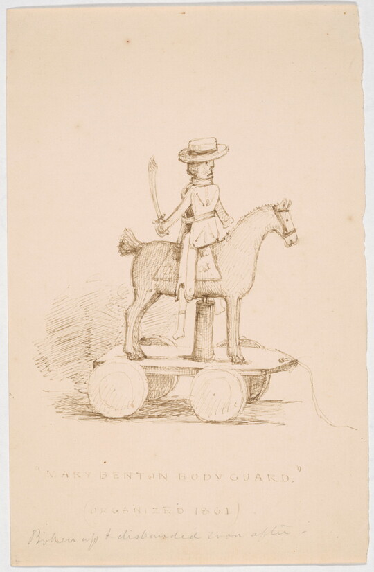 An ink drawing of a toy soldier with a hat and sword, seated on a toy horse that is mounted on a wooden cart with wheels.