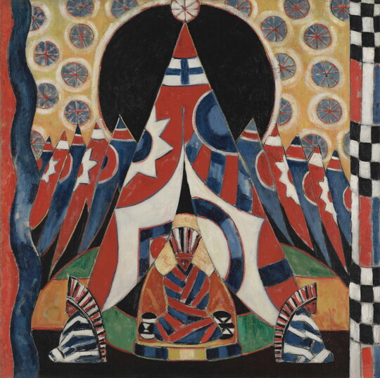 An abstract oil painting of a row tipis in red, blue, and white on a patterned background with three Indigenous people seated in front of the center tipi.