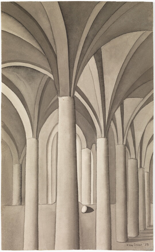 A grayscale watercolor of the interior of a columned building with vaulted ceilings and a small egg resting on either a floor or a wall between two columns.
