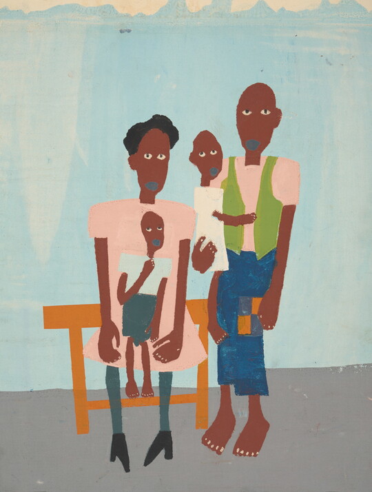 A color print of a Black family, two adults and two children, rendered in bold, geometric shapes and bright colors.