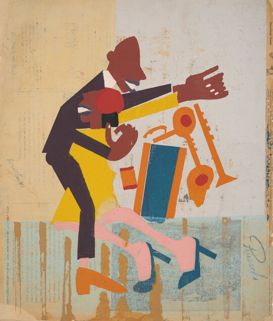 A color print of two stylized brown-skinned people dancing in colorful clothes.