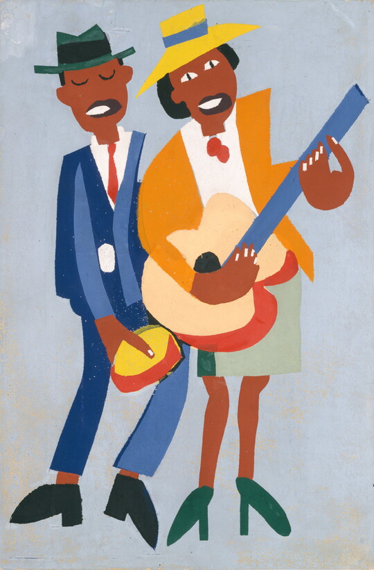 A stylized color print of a Black man playing a tambourine and Black woman playing a guitar.