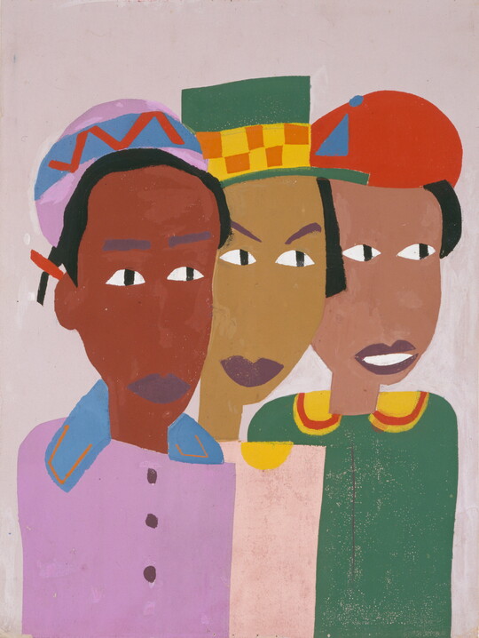 A color print of three stylized Black women in brightly-colored hats and dresses, lined up side by side.