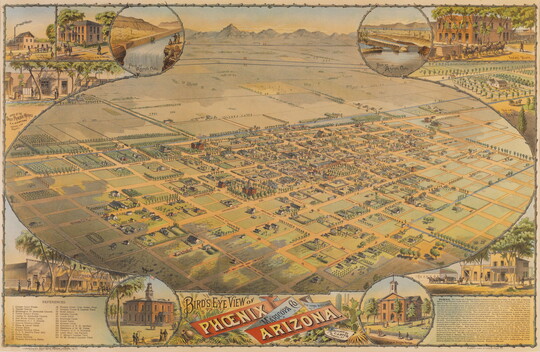 A color print of an aerial view of a city within an oval showing a grid of streets with buildings and other landmarks around the outer edges of the oval.