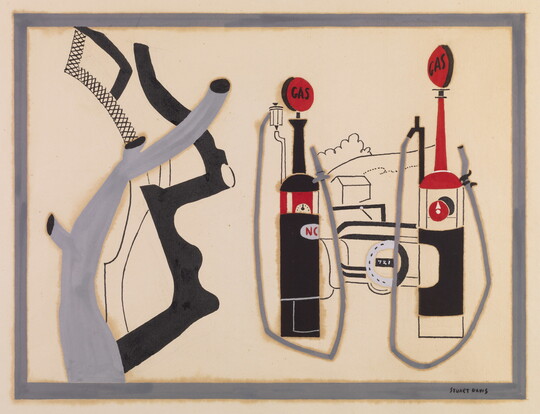 An abstract watercolor of old-style gas pumps and other organic shapes in black, gray, and red.