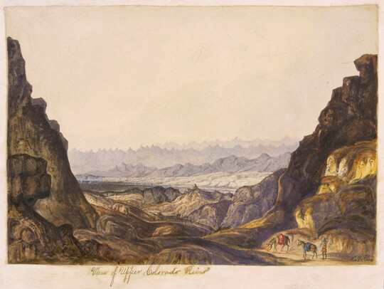 A watercolor landscape of the Rocky Mountains and a river through a canyon with a couple people and mules in the foreground.