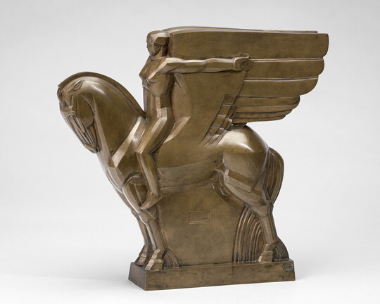 A bronze sculpture of a stylized winged horse and rider.