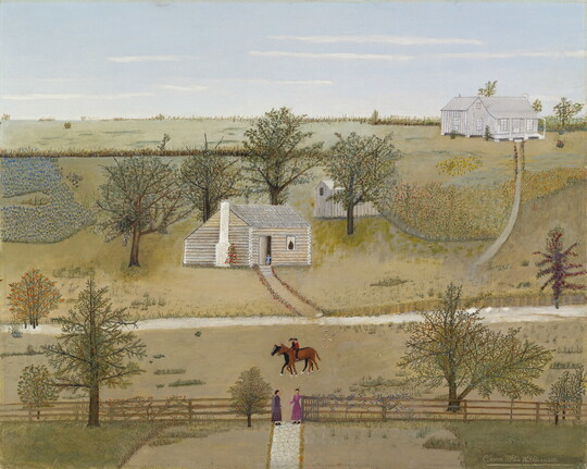 An oil painting in folk-art style of a log cabin and clapboard house on a large farm with two women standing at a fence and two men riding on horseback.