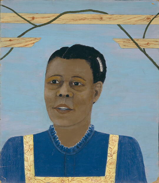 A painting of a Black woman with a barrette in her hair under a broken wooden railing that frames her head.