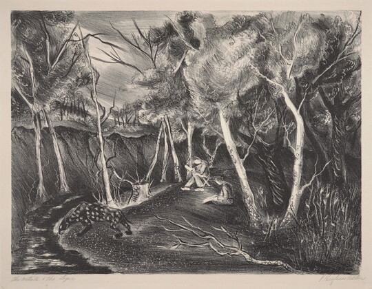 A black-and-white print of two artists in a wooded setting sketching a large black animal with white spots as it drinks from a creek.