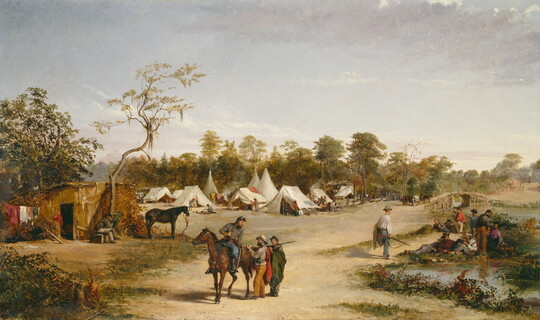 An oil painting of a man on horseback talking to two men on a dirt road, and tents and trees in the background.