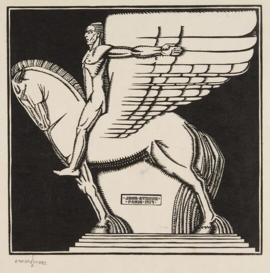 A black-and-white print of a stylized winged horse and rider viewed from the side.