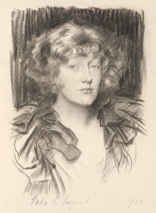 A charcoal portrait of a White woman with chin-length curly hair wearing a ruffled blouse.
