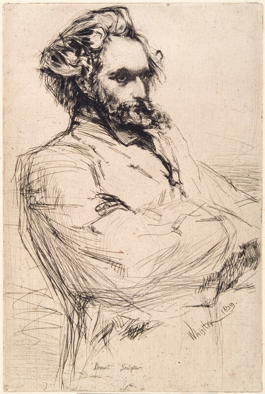 A black-and-white print of a sketch of a White man from the waist up with a full beard and mustache crossing his arms in front of him.