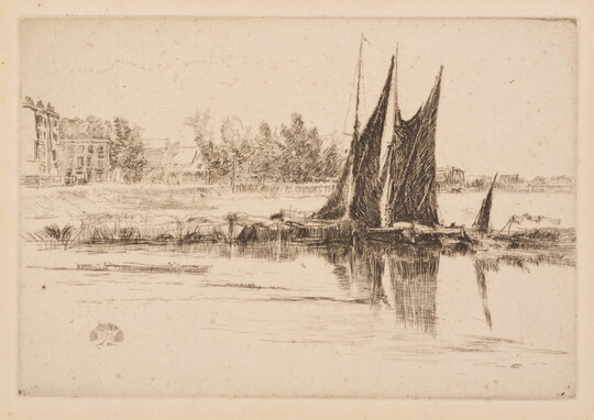 A sepia-toned print of sailboats along a grassy shore and buildings in the background.