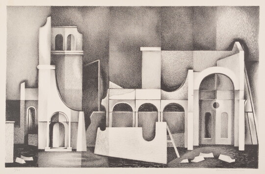 An abstract black-and-white print of a building that is either falling down or under construction showing arched doors and windows, a tower at left, and building fragments on the ground.