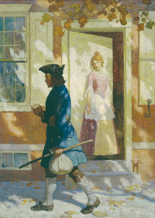 A vertical painting of a man wearing colonial clothing and a tricorn hat walking on the street past a woman standing in a doorway.