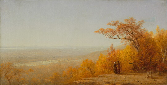 An oil painting of an autumn landscape with a man and a woman looking out over a valley.