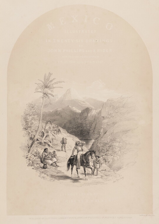A black-and-white print of a mountain scene with tropical foliage and figures on a road, including men, women, children, and horses.