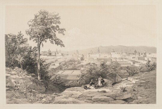 A black-and-white print of people standing in a rocky landscape with trees and a city in the background.