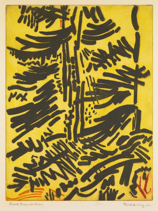 An abstract color print of bold black marks and squiggles resembling tree branches covering a yellow background.