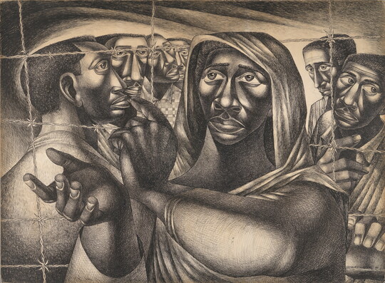 A black-and-white stylized drawing of six Black men behind a barbed wire fence and a Black woman in front of them gesturing toward the viewer.