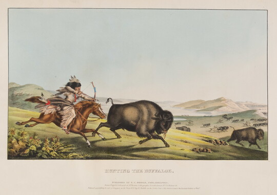 A color print of a Native American on horseback aiming his bow and arrow at a running bison.