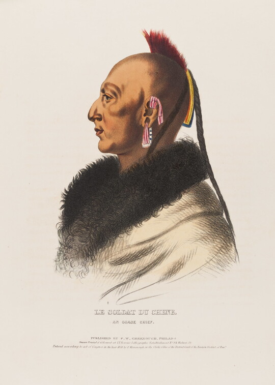 A color print of an Indigenous man in profile with a strip of bright red hair, dark braids, earring, and fur shawl.