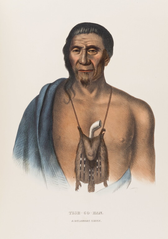 A color print portrait of a bare-chested Indigenous man with a pouch hanging around his neck and blanket over one shoulder.