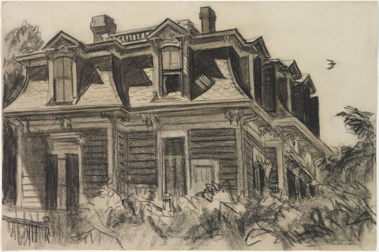A charcoal drawing of a house with a Mansard roof and dormer windows surrounded by foliage.