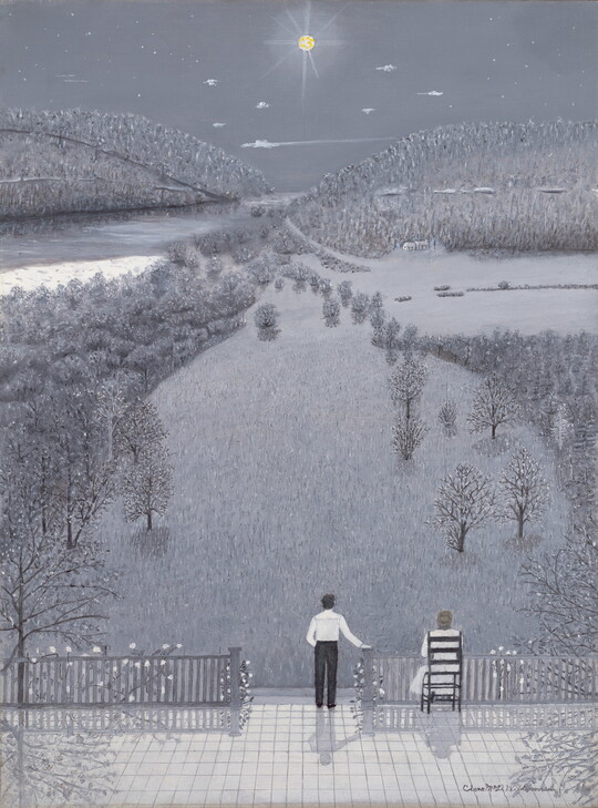 A whimsical oil painting in mostly grays, blacks, and whites of a man and a woman on a patio gazing out on a moonlit snow scene.