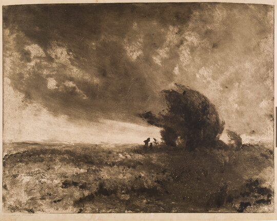 A sepia-toned print of two figures walking toward a small clump of windblown trees under a dark, cloudy sky.