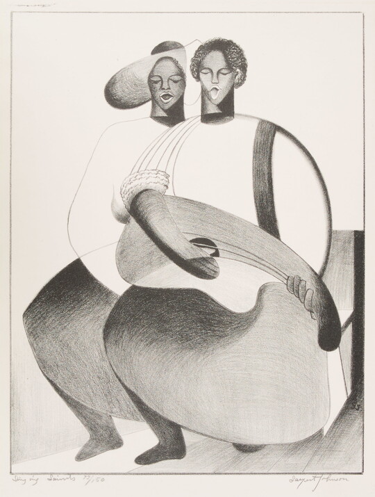 An abstract black-and-white print of two Black people, one playing guitar, both singing.