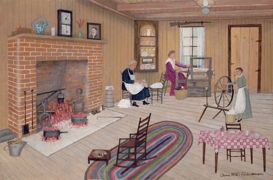 A painting of three women by a fireplace in a cozy family room: one sewing, one working a loom, and the other at a spinning wheel.