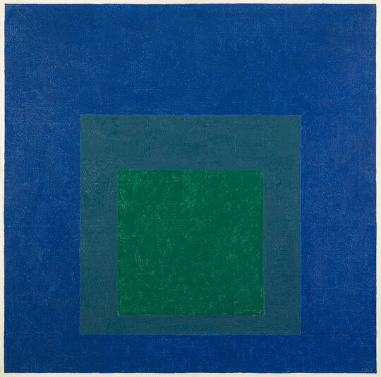 An abstract oil painting of three squares nested from largest to smallest in blue, gray, and green.