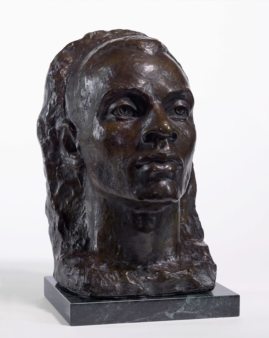 A bronze bust of a Black man emerging from a heavily textured background.