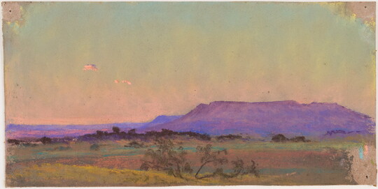 A colorful pastel drawing of a large field, with a purple mesa in the distance during sunrise or sunset.