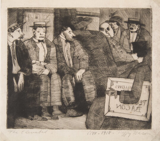 A black-and-white print of people, mostly men, seated in a crowded train car.
