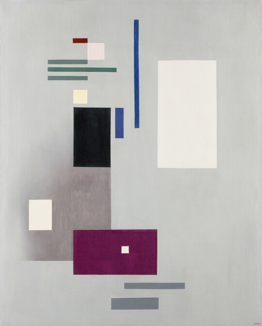 An abstract oil painting of black, blue, gray, purple, and white rectangles and squares of various sizes on a gray background.